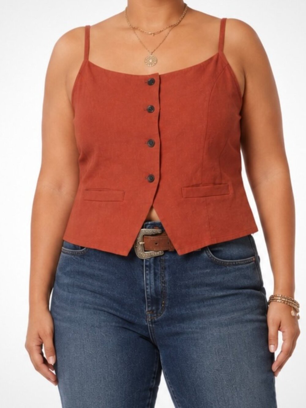 Monteau Linen Blend Button Front Vest Square Neck Rust Chic Tank Top [size XL]